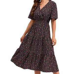 Women's Wrap V Neck Midi Dress Short Sleeve Smocked Waist Tiered A Line Pleated